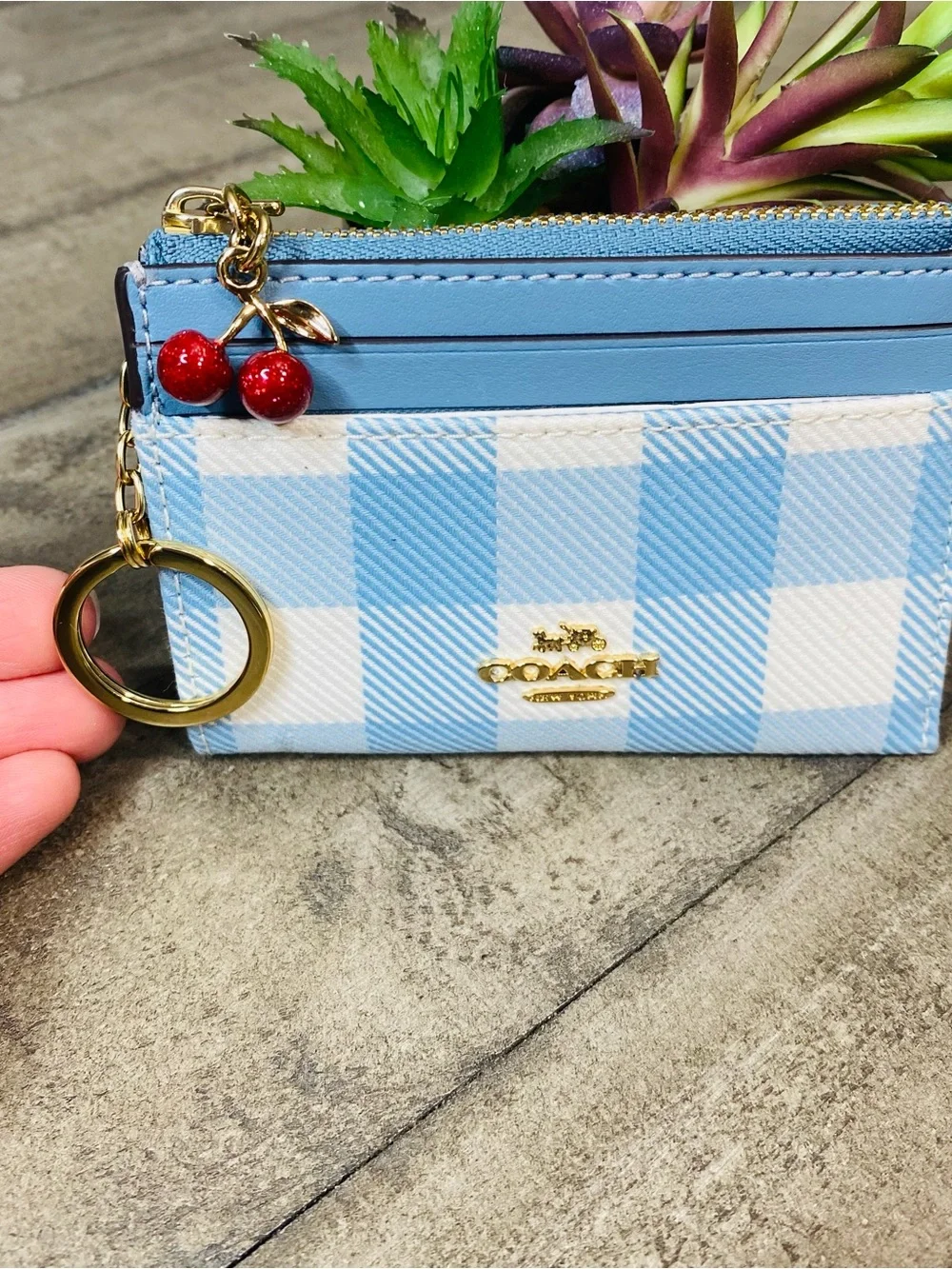 COACH Mini Skinny ID Case Gingham Blue White Card Holder Wallet Cherry Charm